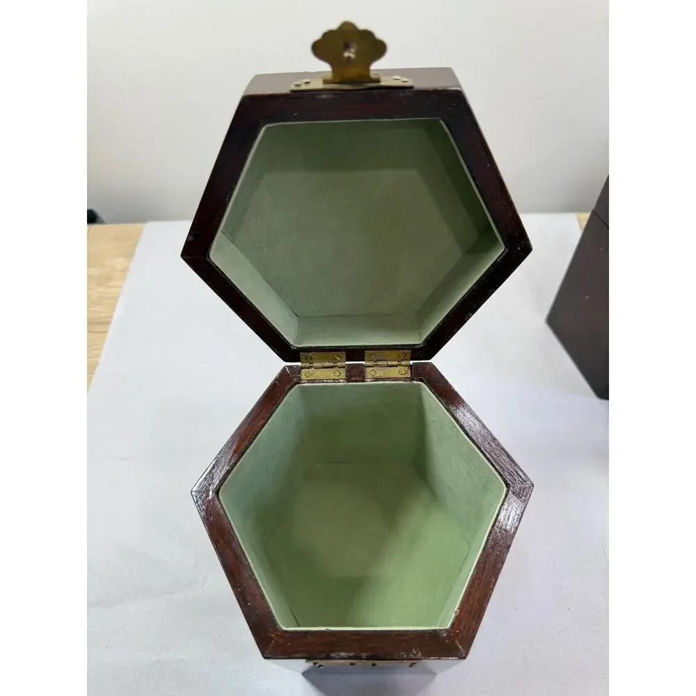 Vintage Chinese Hexagonal Lacquer Wood Boxes Set of 2, Brass Hardware, Green